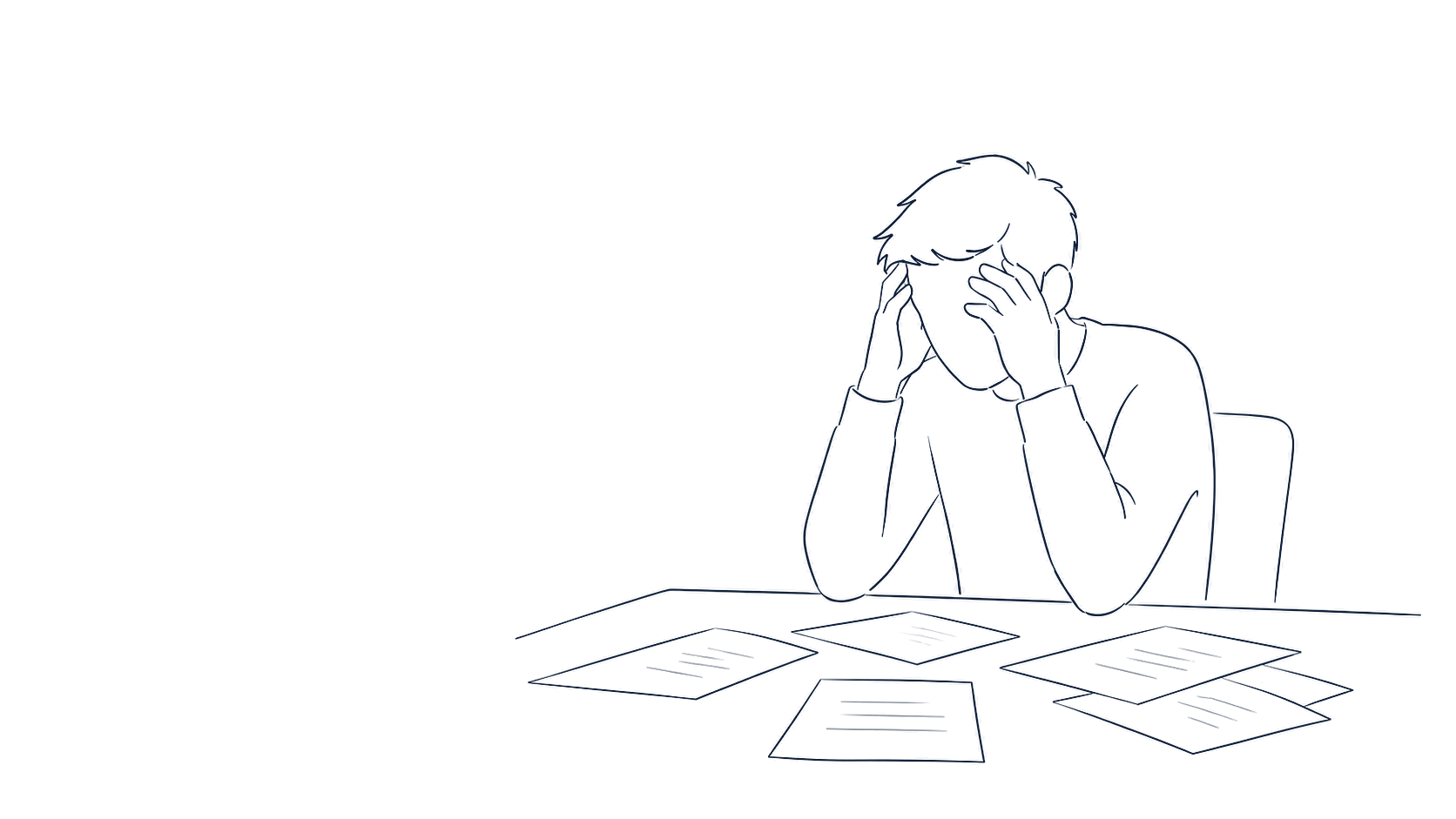 Student at a desk covered in exam papers